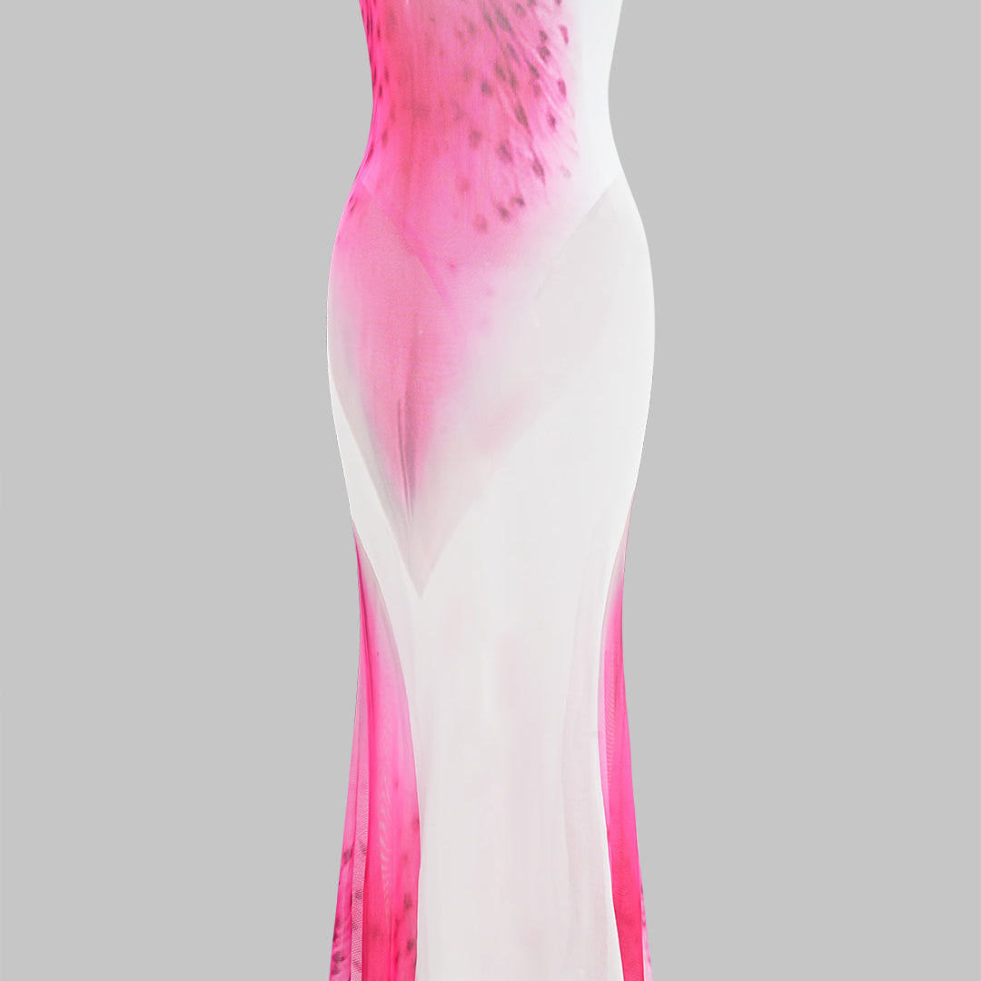 Çiçekli Kontrast Desenli Dantel Sıfır Kol Max Elbise