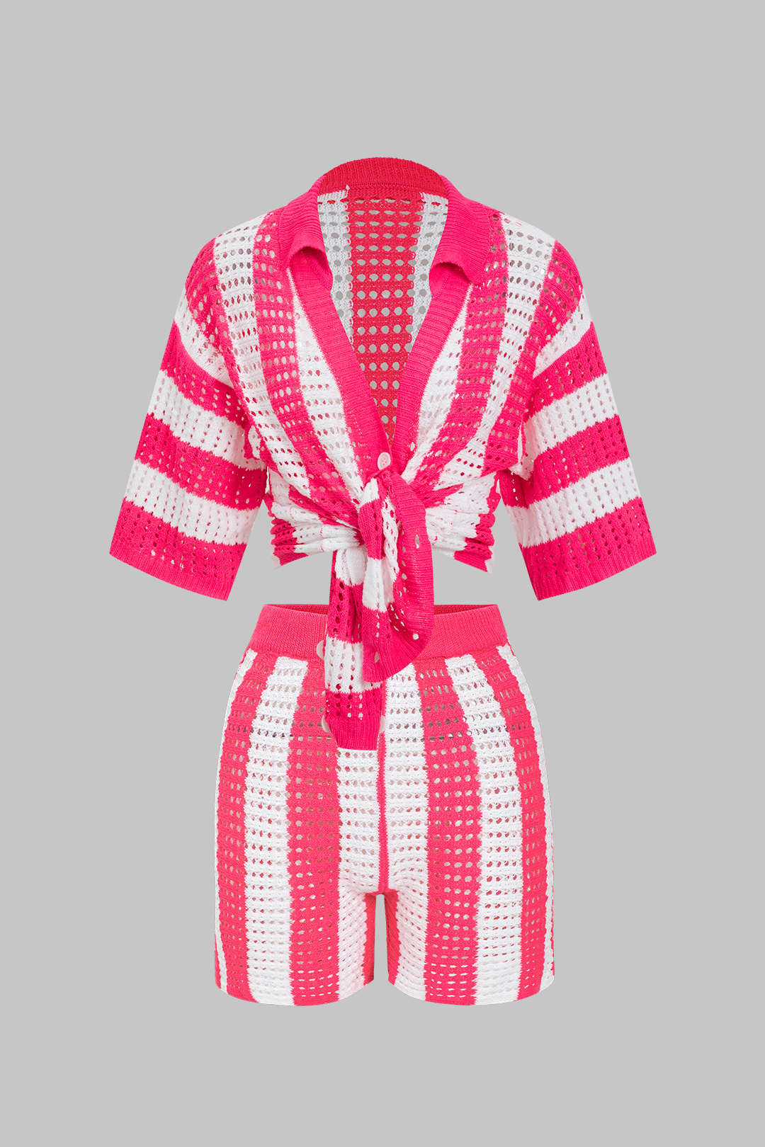 Çizgili Triko Delikli Şort Takımı