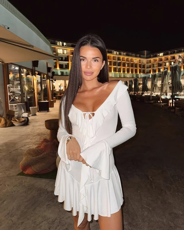 Olyssa Kontrast Fırfır Yaka Mini Elbise