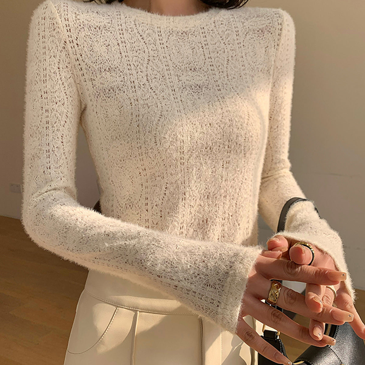 Transparan Örgü Bisiklet Yaka Uzun Kollu Üst