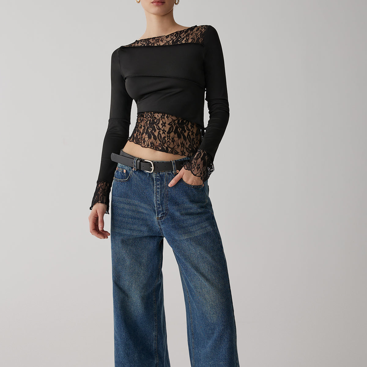 Katı Patchwork Dantel Uzun Kollu Üst