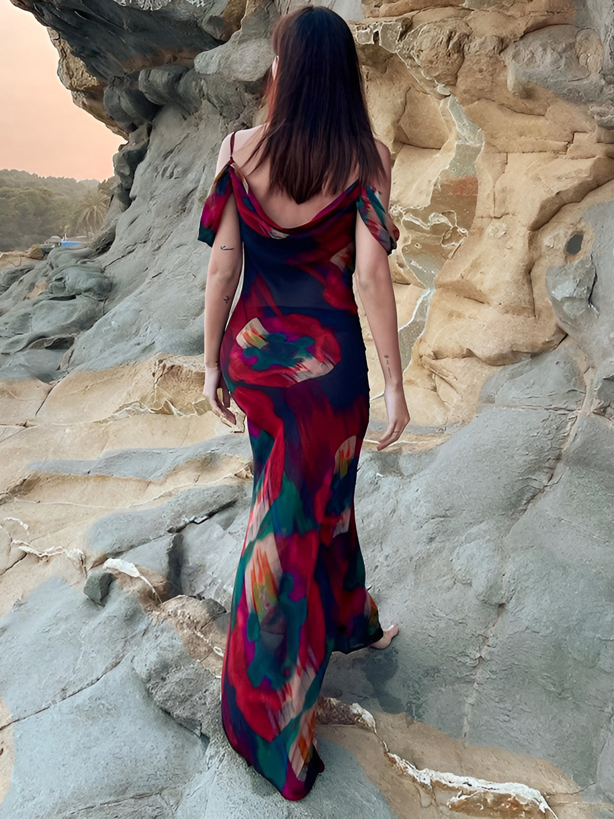 Olyssa Transparan Çiçek Desenli Cami Uzun Elbise