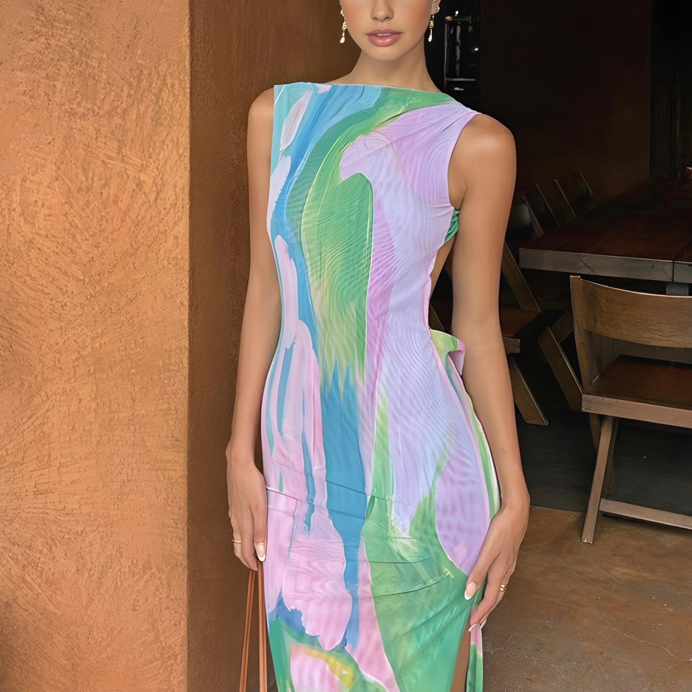 Olyssa Renkli Abstrakt Desenli Yırtmaç Detaylı Elbise