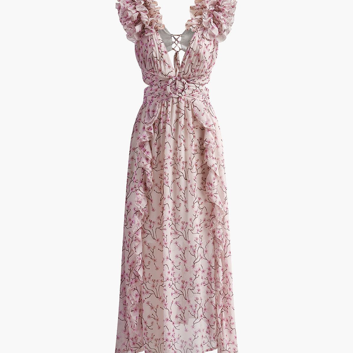 Sırtı Açık Fırfırlı Şifon Midi Elbise