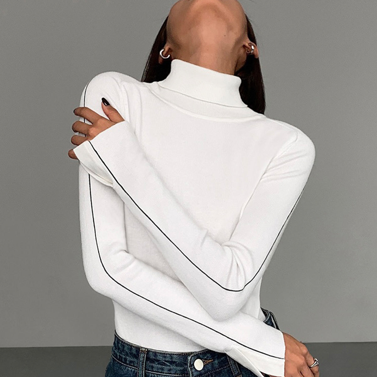 Kontrast Biyeli Balıkçı Yaka Kazak