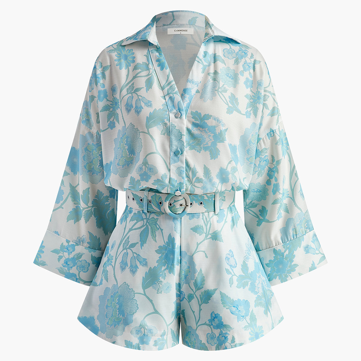 Yaka Çiçek Desenli Kemerli Şort Takımı