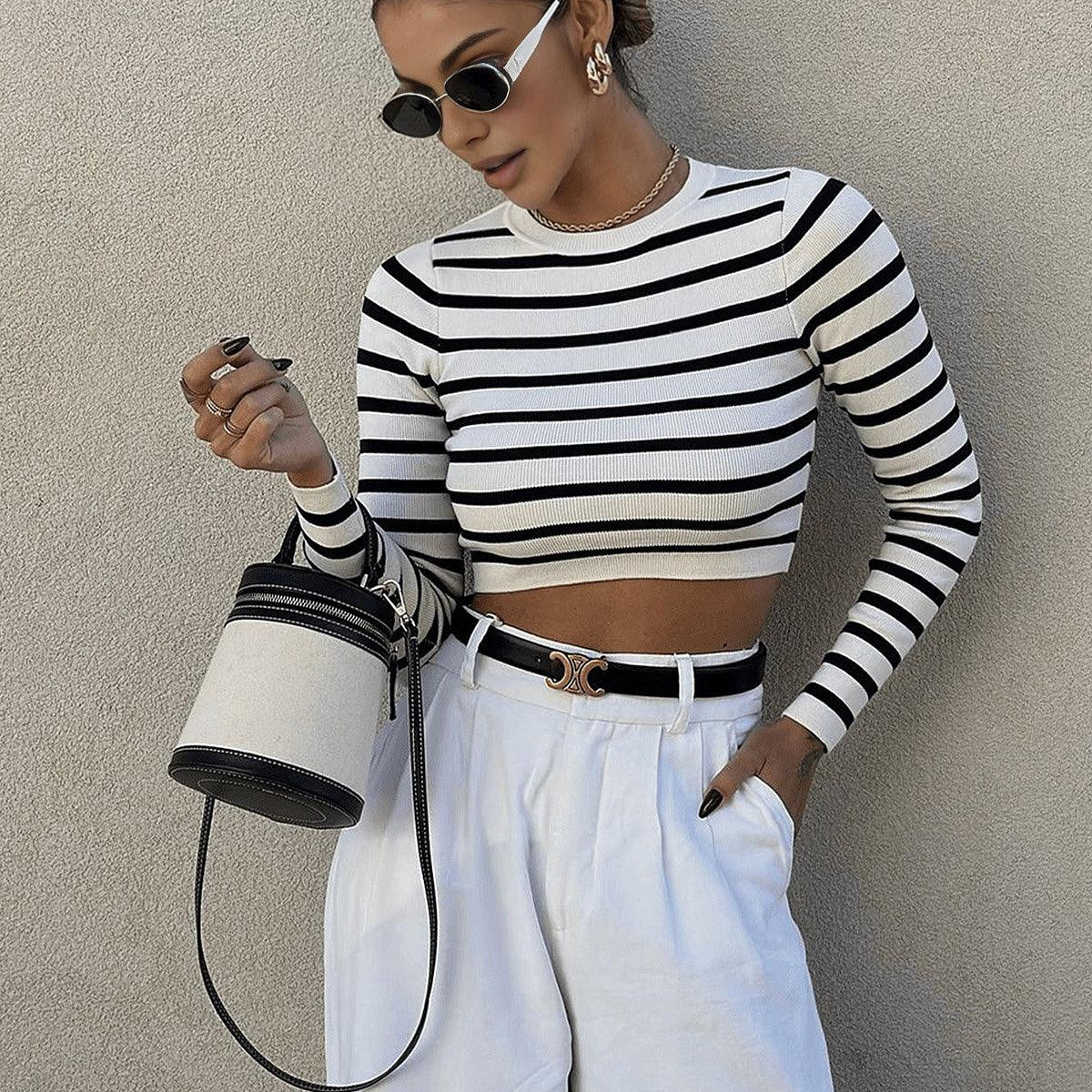 Elena Çizgili Crop Bluz