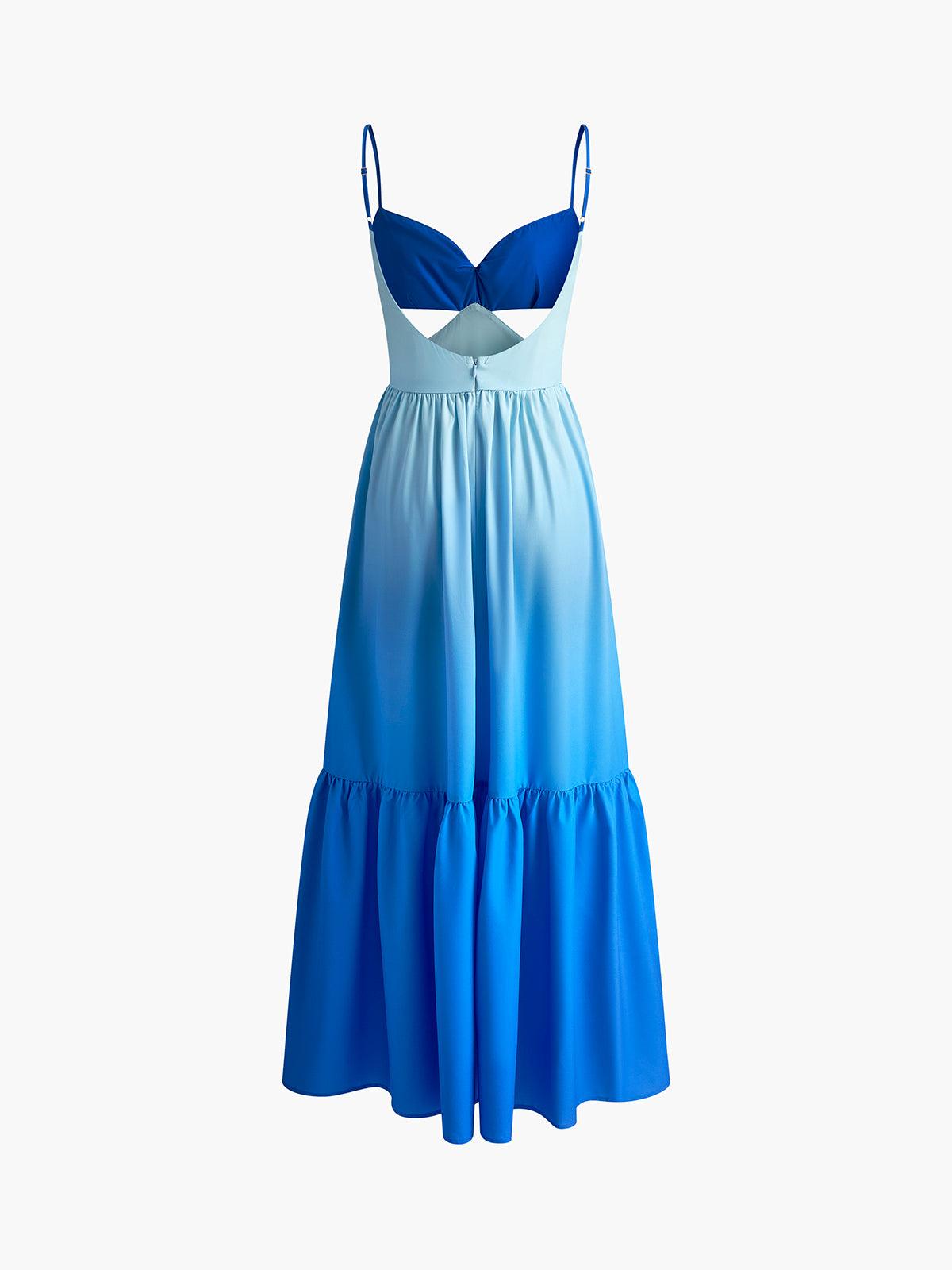 Olyssa Ombré Mavi Kesik Detaylı Maxi Elbise
