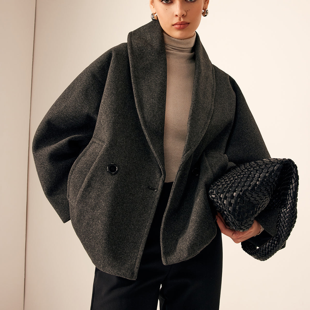 Tweed Cepli Bol Yün Manto