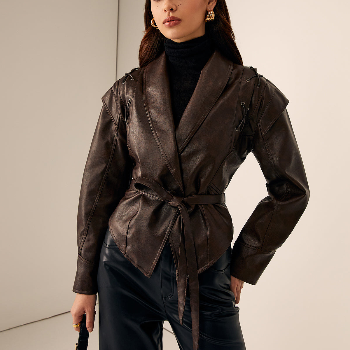 Borulu Suni Deri Ceket