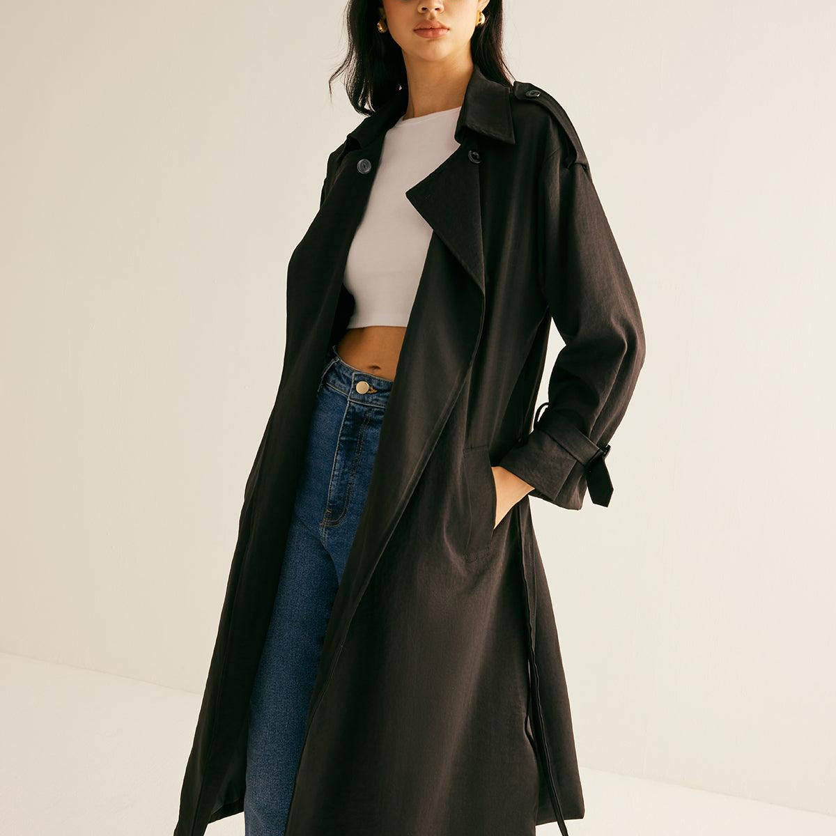 Jet Black Uzun Trençkot