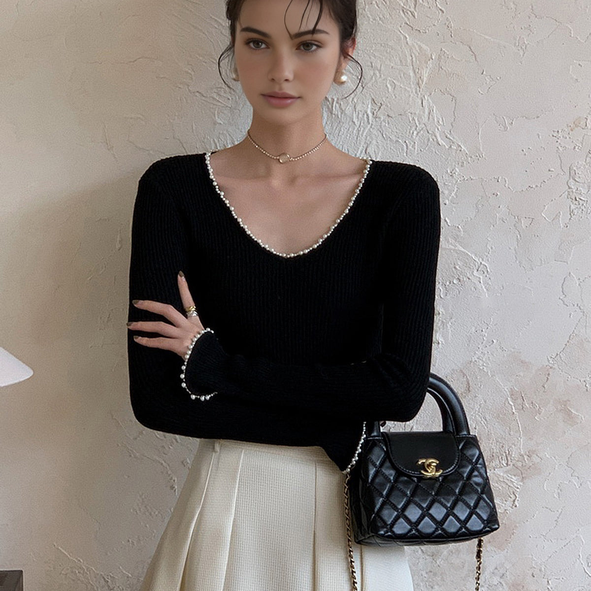 V-Yaka İpeksi Kenar Detaylı Triko Üst