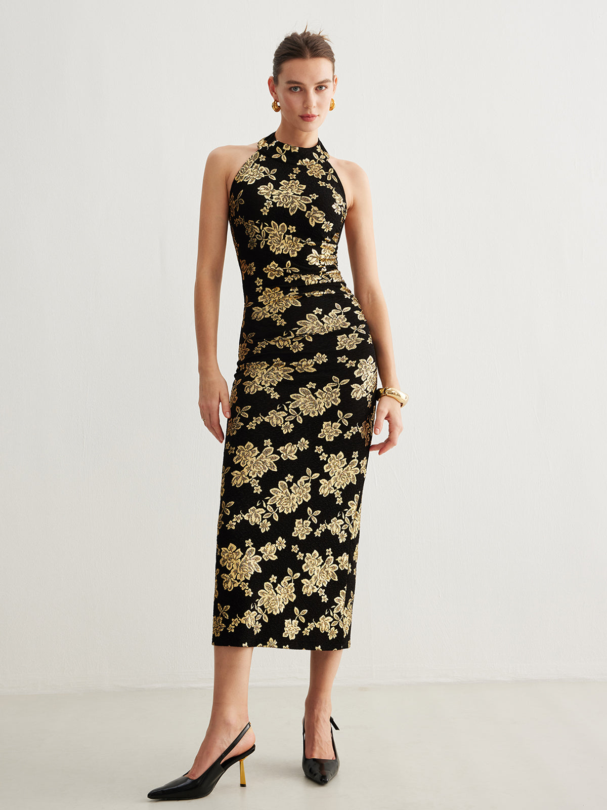 Olyssa Retro Sırt Açık Dar Halter Elbise