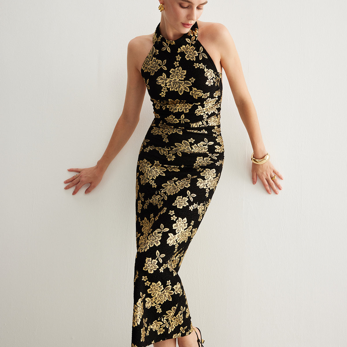 Retro Sırt Açık Dar Halter Elbise