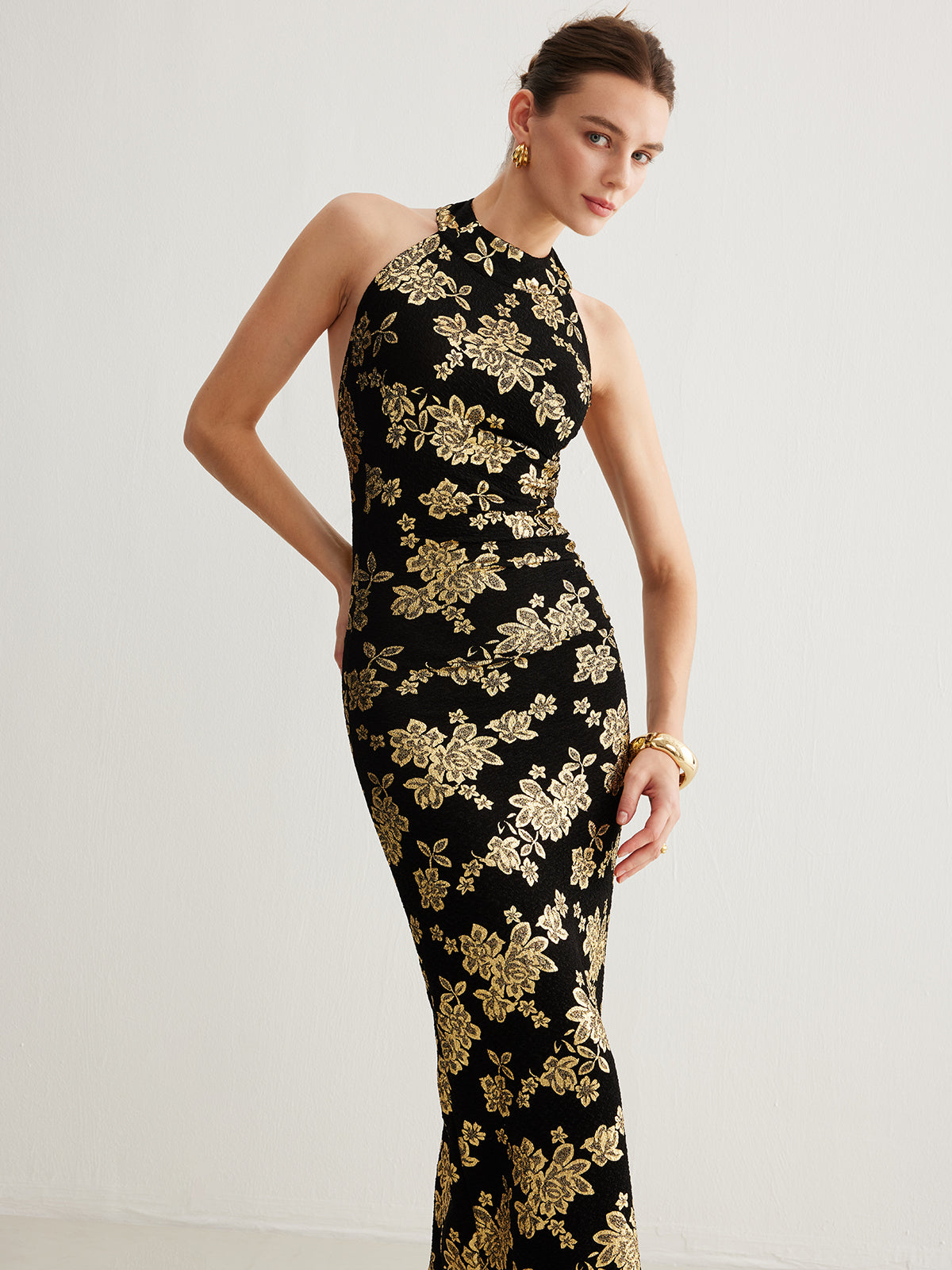 Olyssa Retro Sırt Açık Dar Halter Elbise