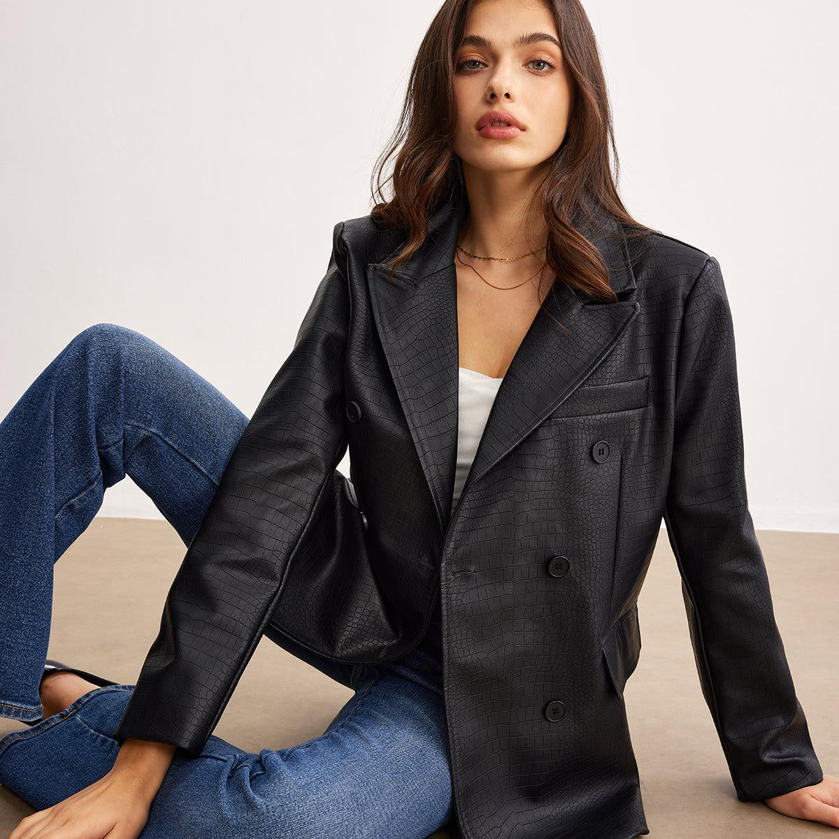 Siyah Croco Desenli Deri Blazer Ceket