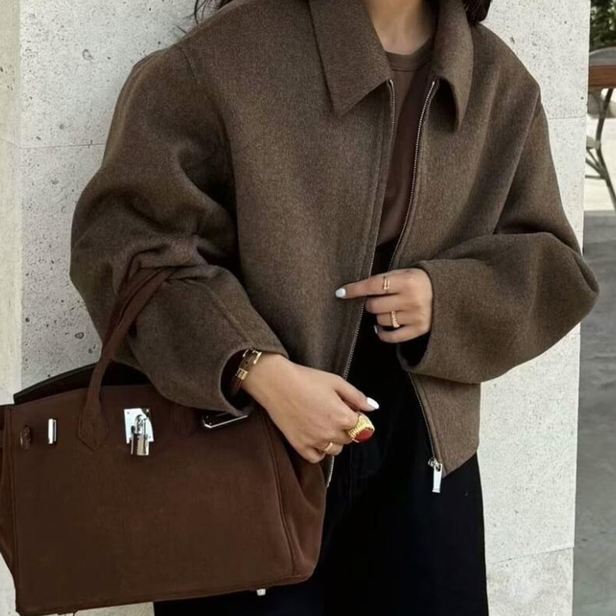 Düz Fermuarlı Tweed Ceket