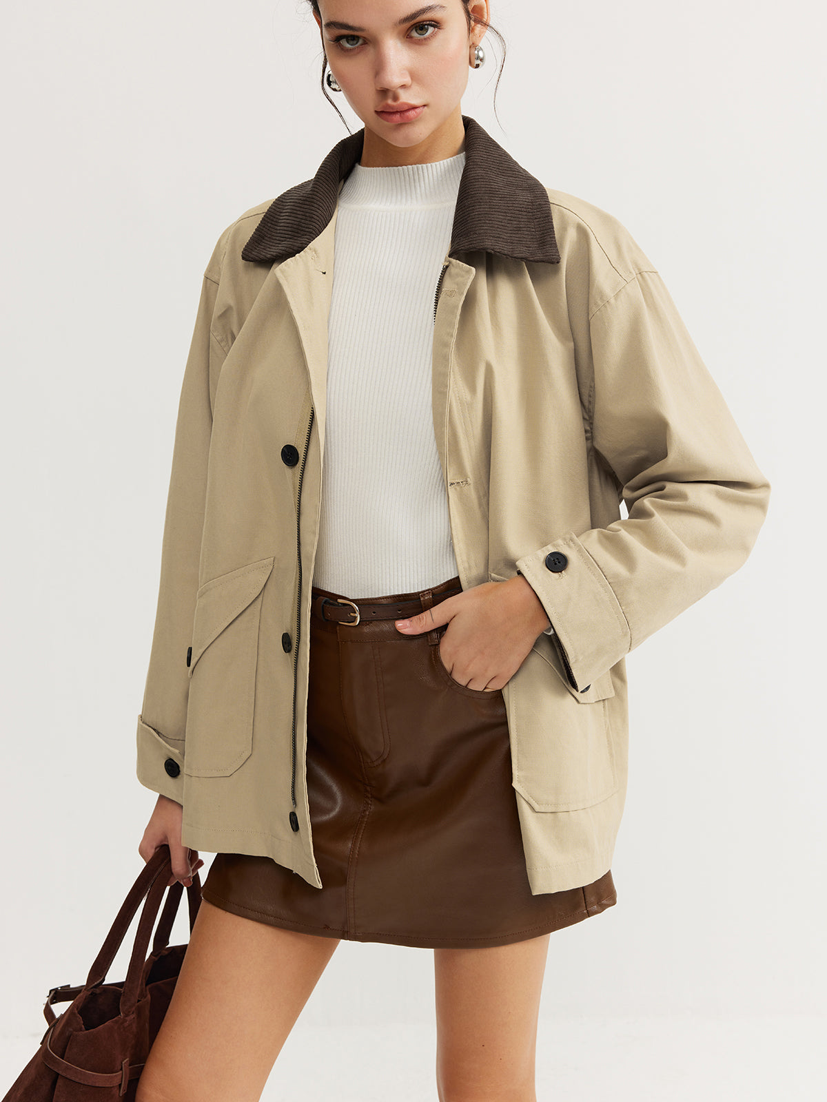 Kontrast Yaka Fermuarlı Kargo Ceket