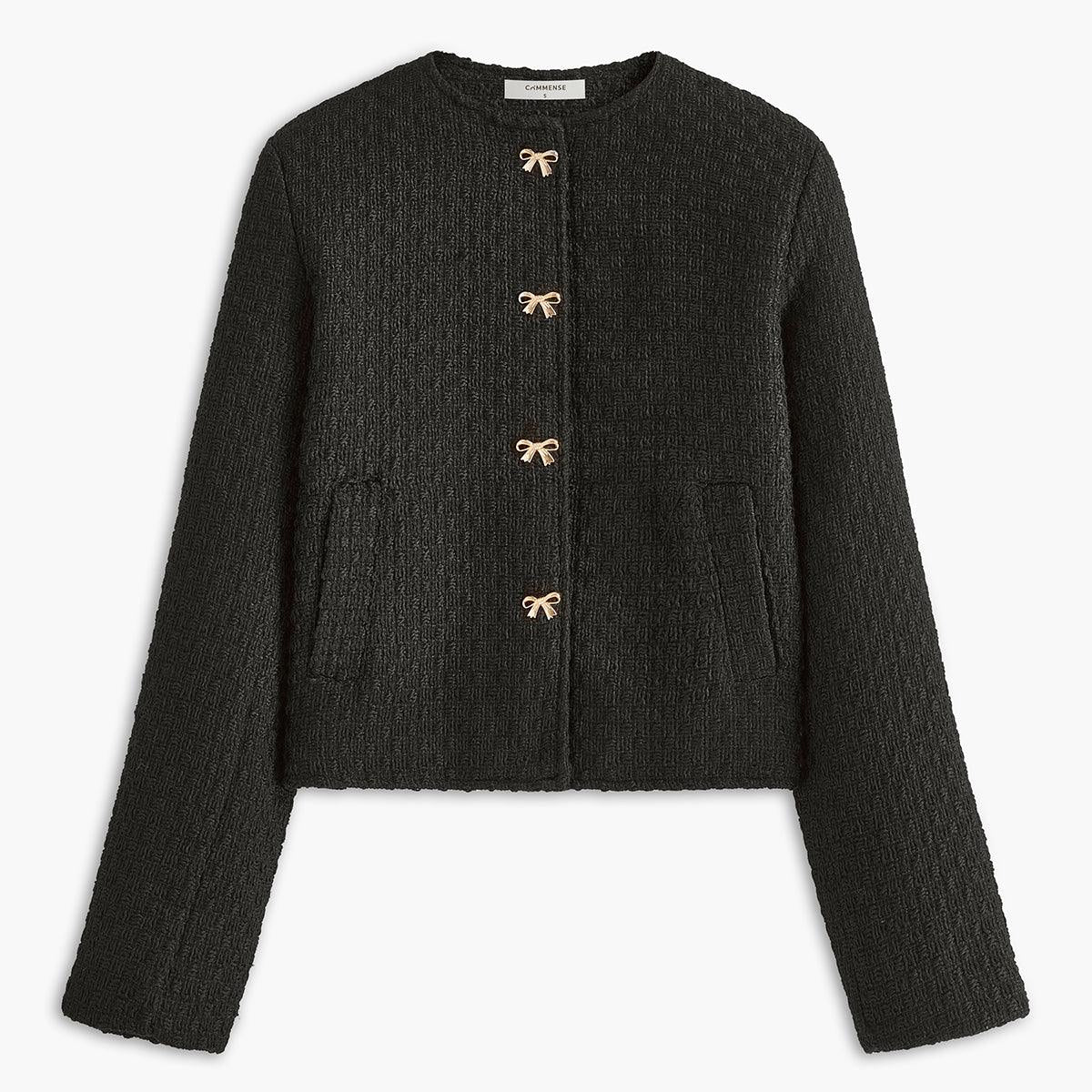 Fiyonk Detaylı Siyah Kısa Tweed Ceket