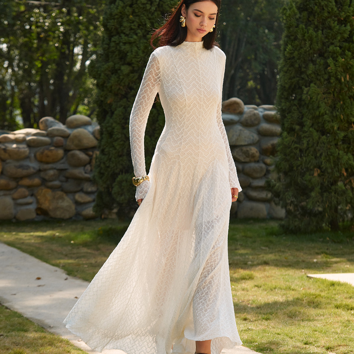 Olyssa Büzgülü Yaka Dantelli Uzun Elbise