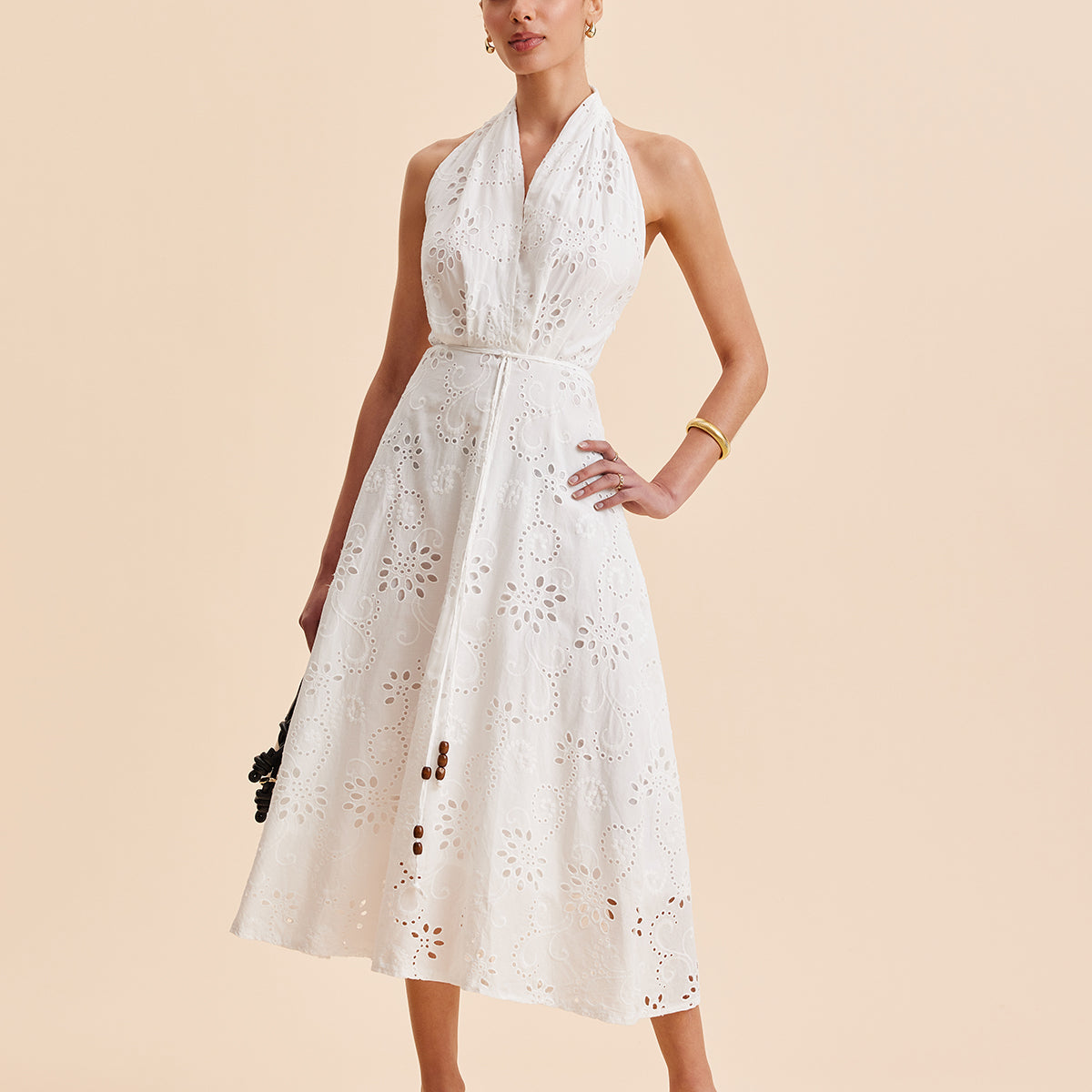 Şık Halter Yaka Göz Detaylı Kemerli Abiye Midi Elbise