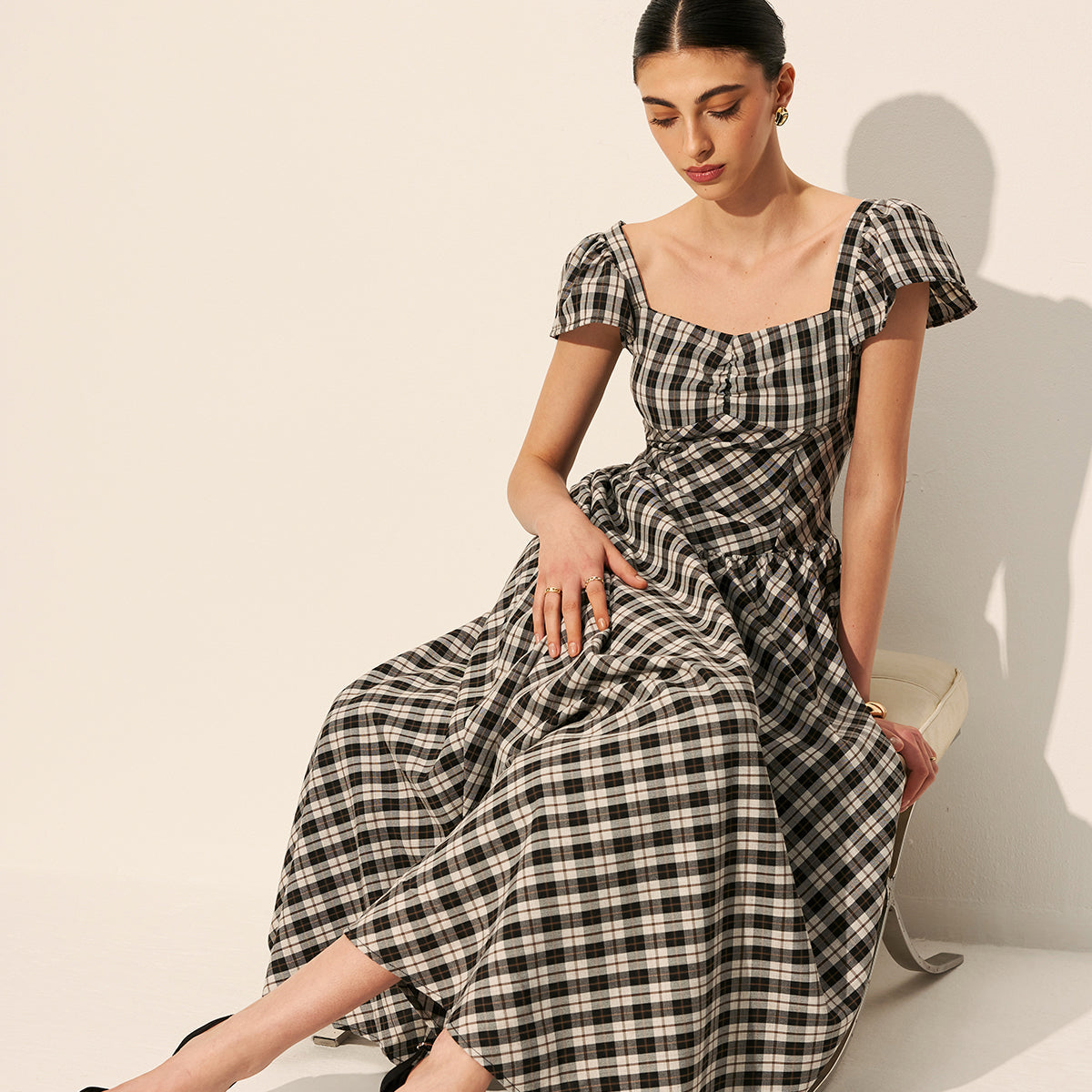 Şık Kareli Kabarık Kol Abiye Elbise