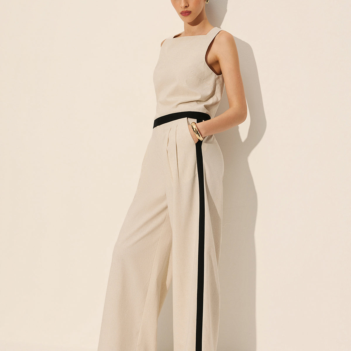 Keten ve Pamuk Fermuarlı Kontrast Kenar Detaylı Pantolon Takımı