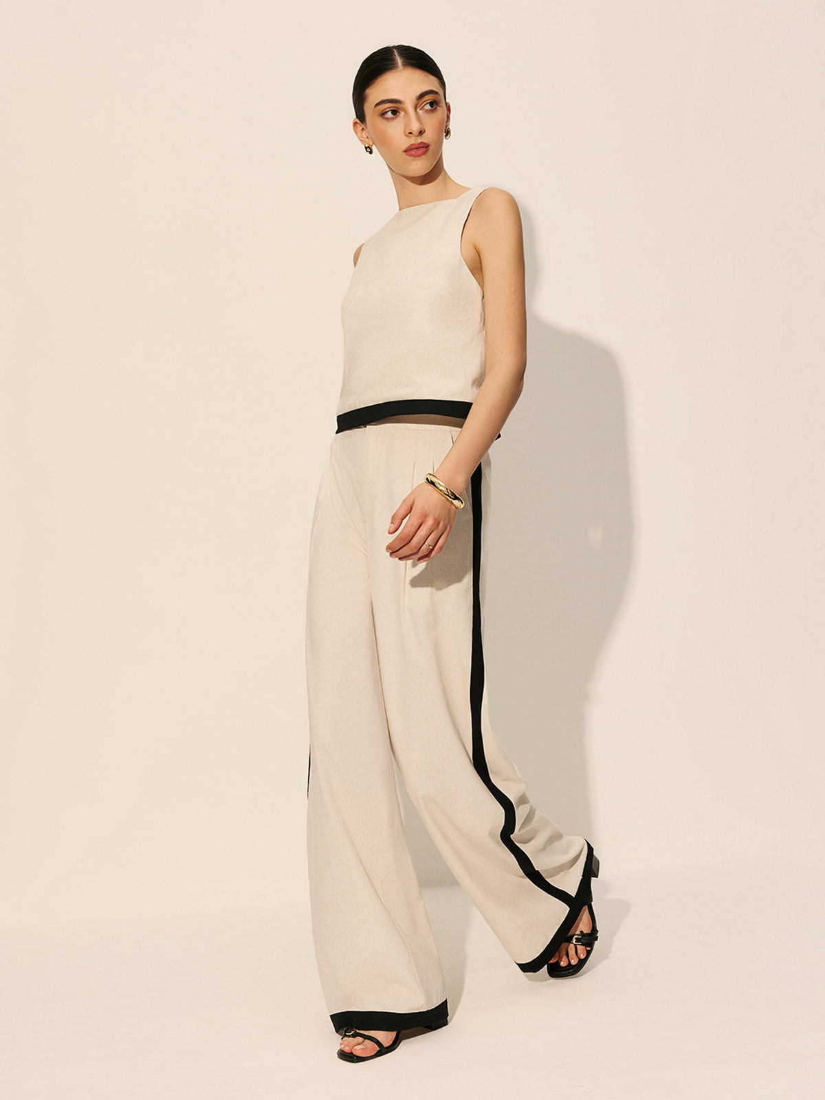 Keten ve Pamuk Fermuarlı Kontrast Kenar Detaylı Pantolon Takımı