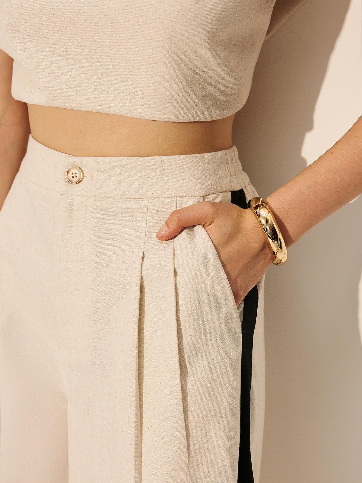 Keten ve Pamuk Fermuarlı Kontrast Kenar Detaylı Pantolon Takımı