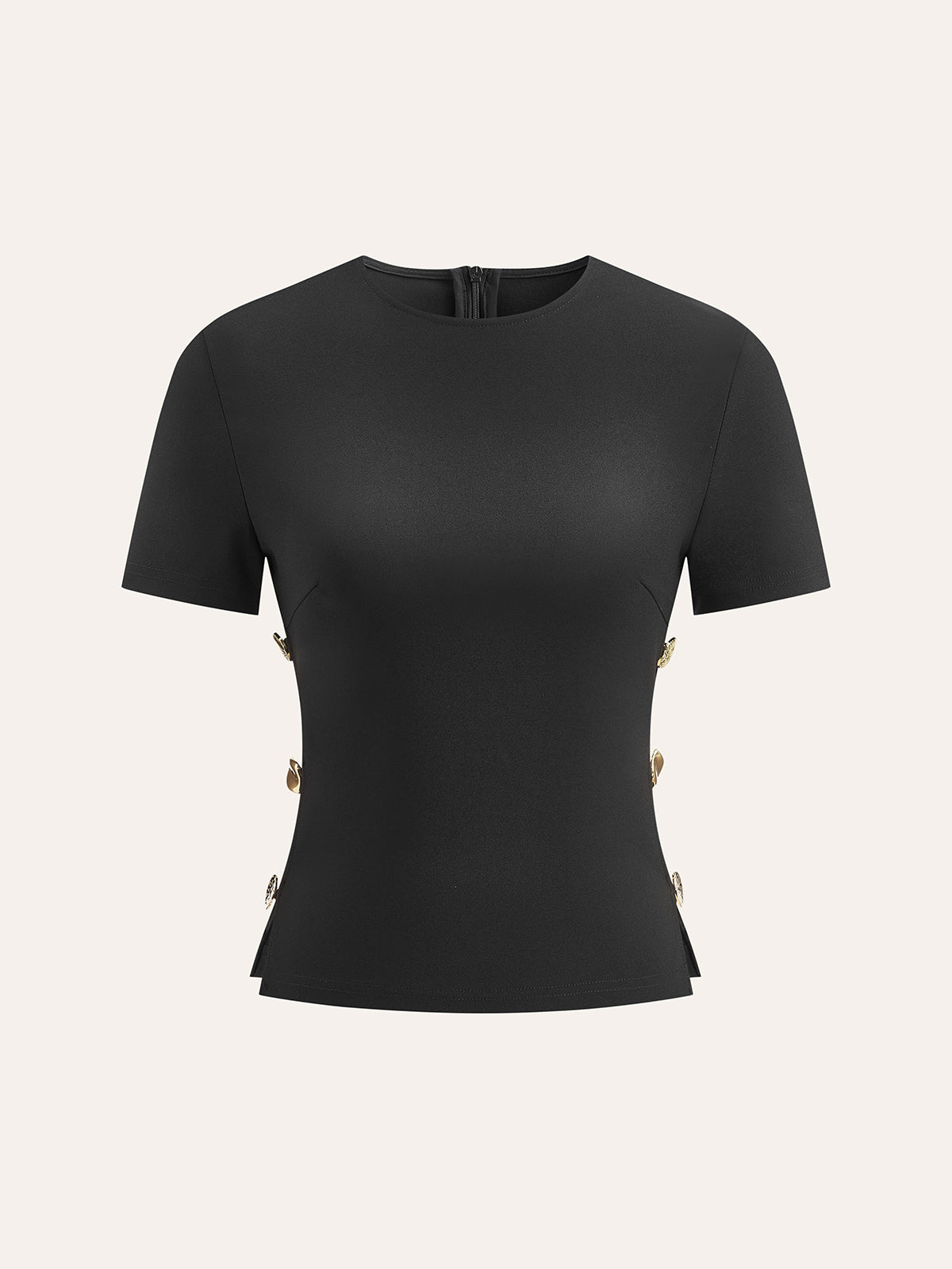 Yanı Kesik Metal Detaylı Fermuarlı T-Shirt