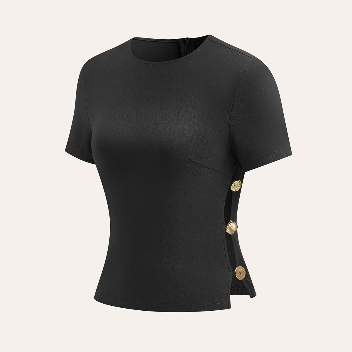 Yanı Kesik Metal Detaylı Fermuarlı T-Shirt