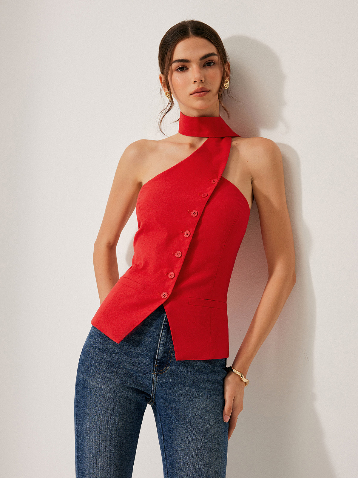 Pamuk ve Keten Askılı Bluz Dekoratif Cep Detayları ile