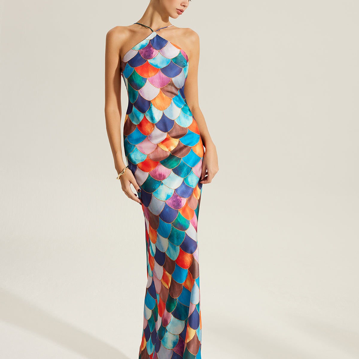 Renkli Kelebek Desenli Yaka Saten Abiye Elbise