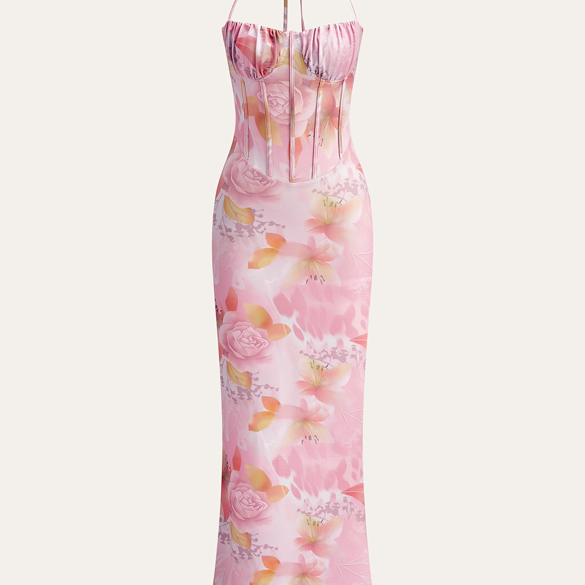 Çiçek Desenli Abiye Elbise, Büstiyerli Detay ve Şık Halter Tasarımı