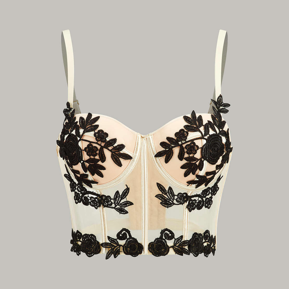 Yarı Saydam Çiçek İşlemeli Ağı Dokuma Korse Üstü