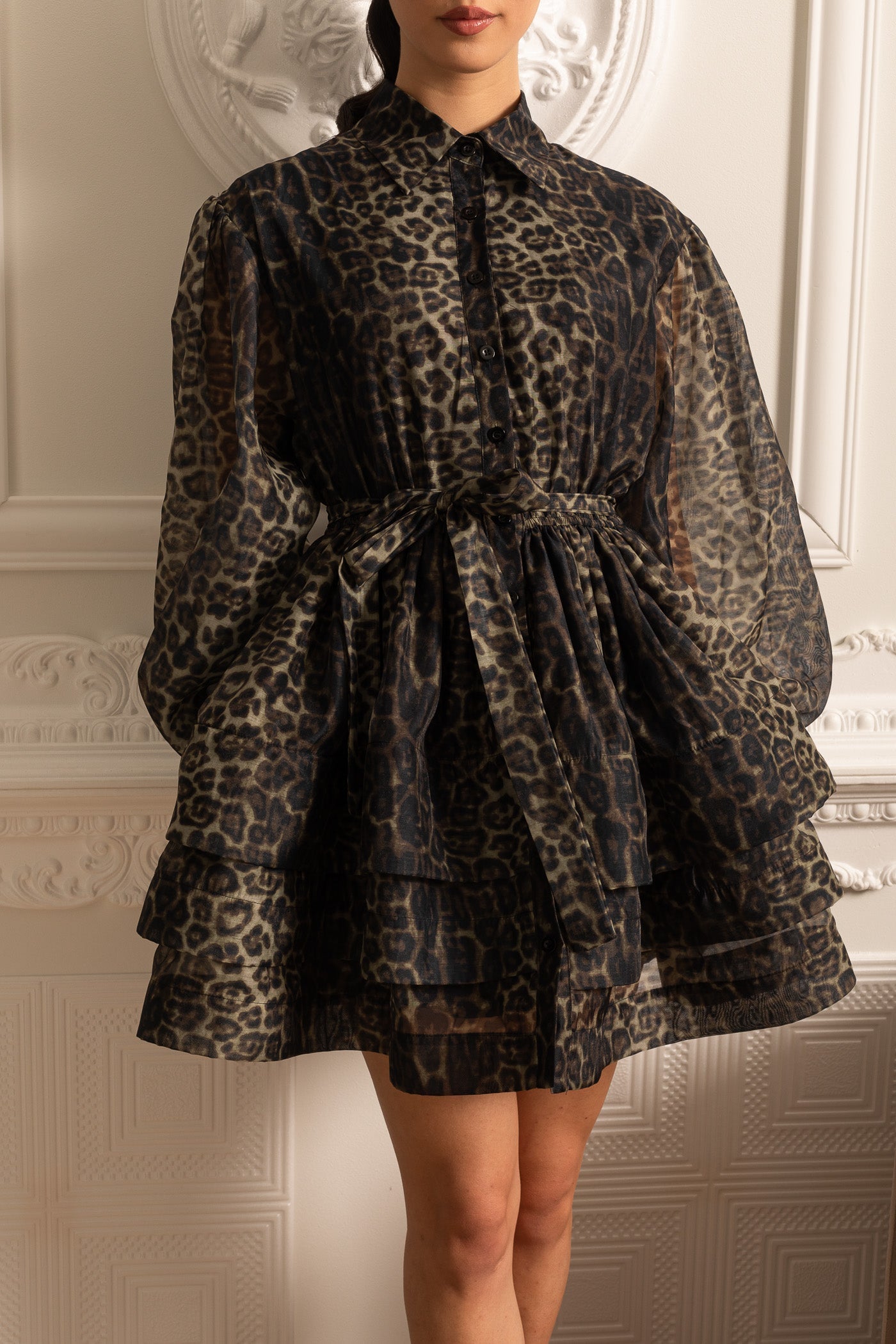 Olyssa Etekli Leopar Desenli Uzun Kollu Elbise