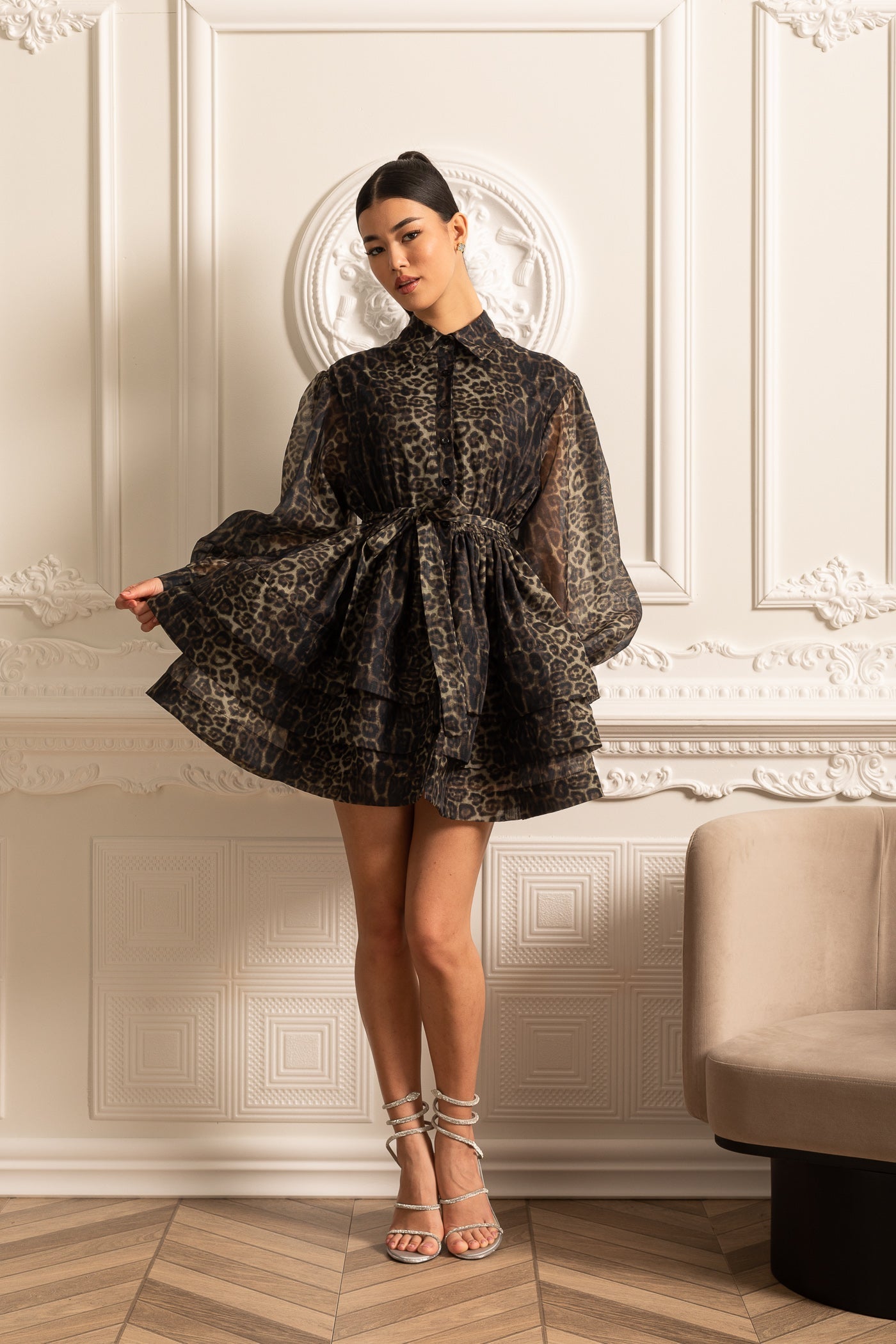 Olyssa Etekli Leopar Desenli Uzun Kollu Elbise