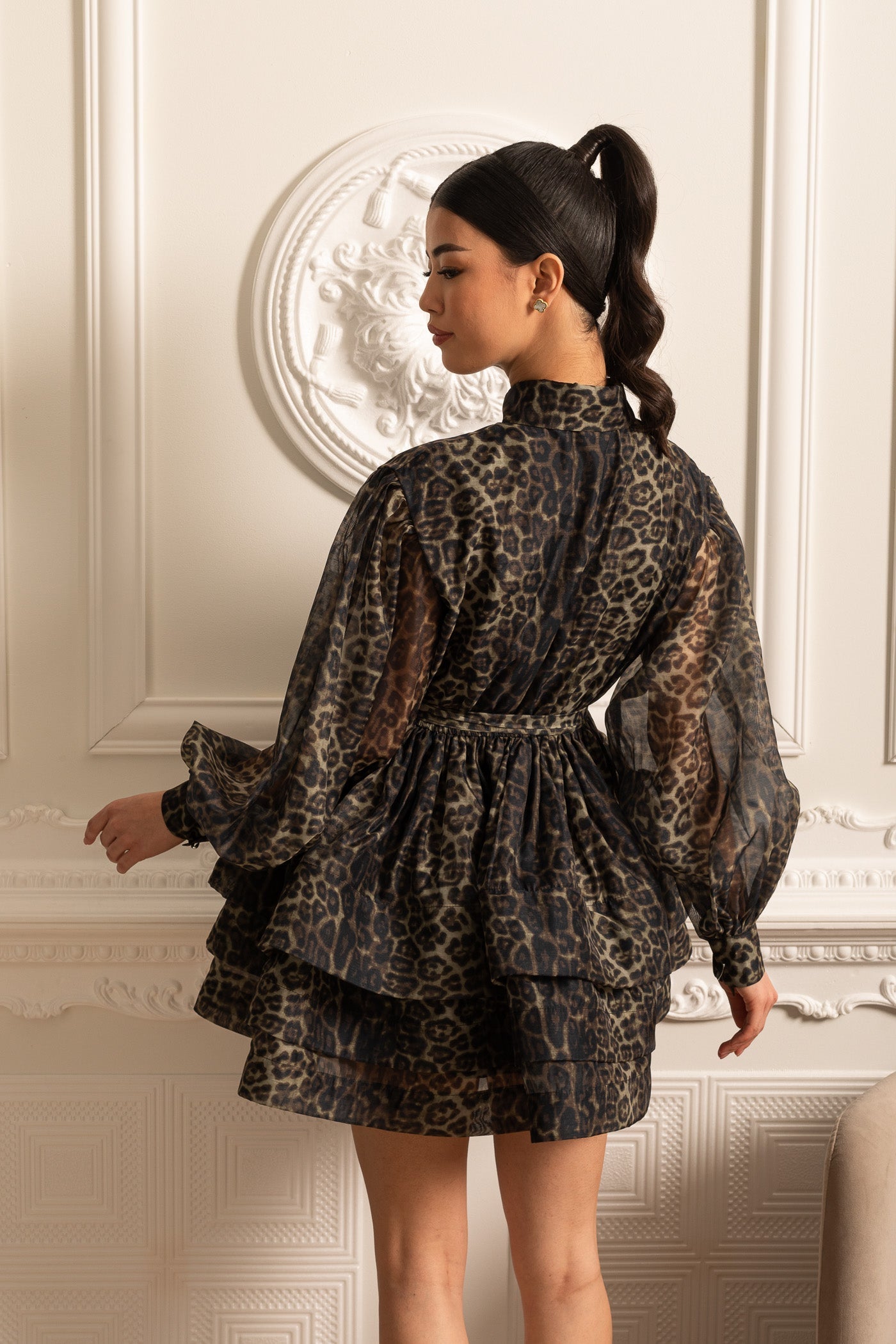 Olyssa Etekli Leopar Desenli Uzun Kollu Elbise