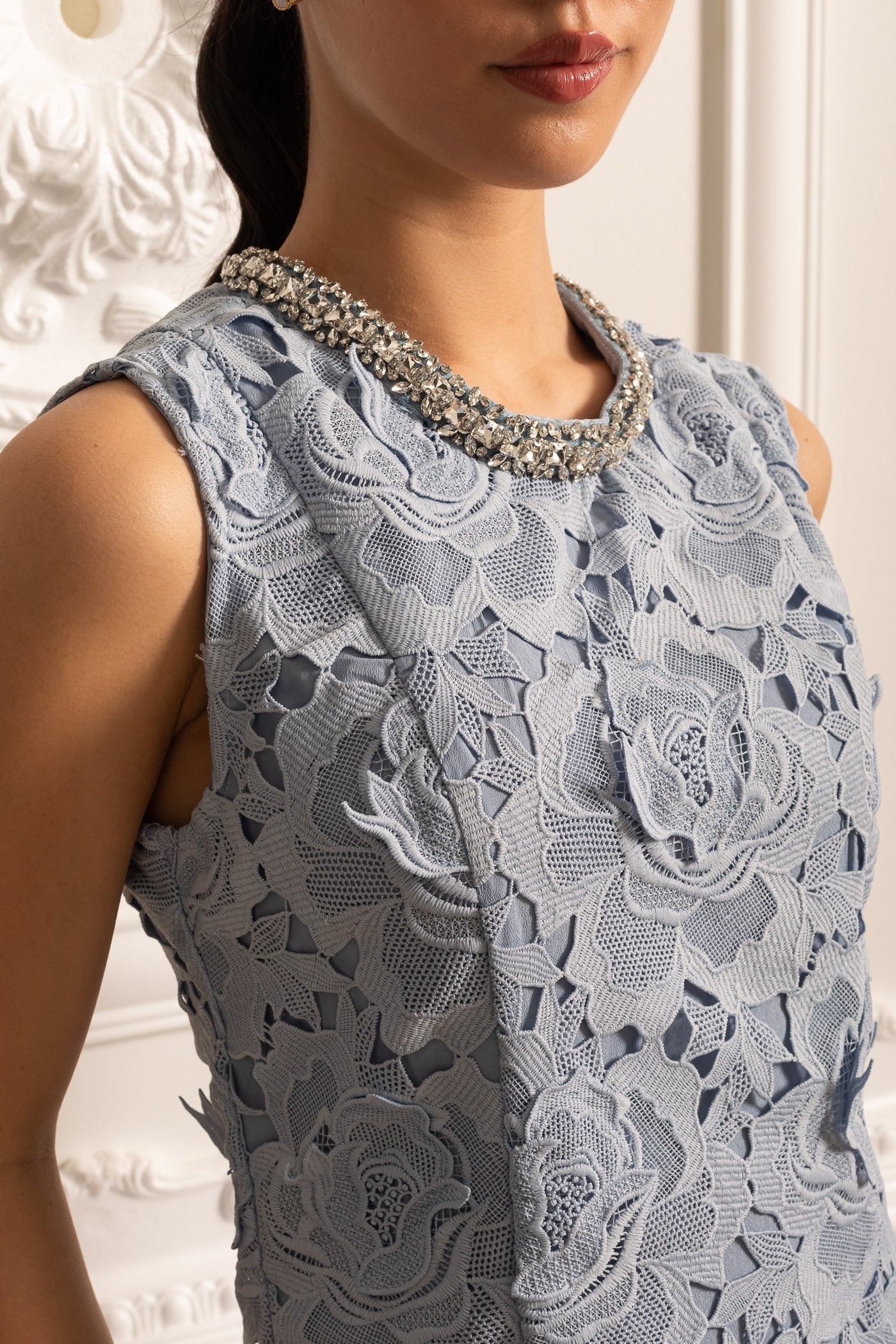 Olyssa Işıltılı Yakalı Çiçek Desenli Dantel Mini Elbise - Mavi