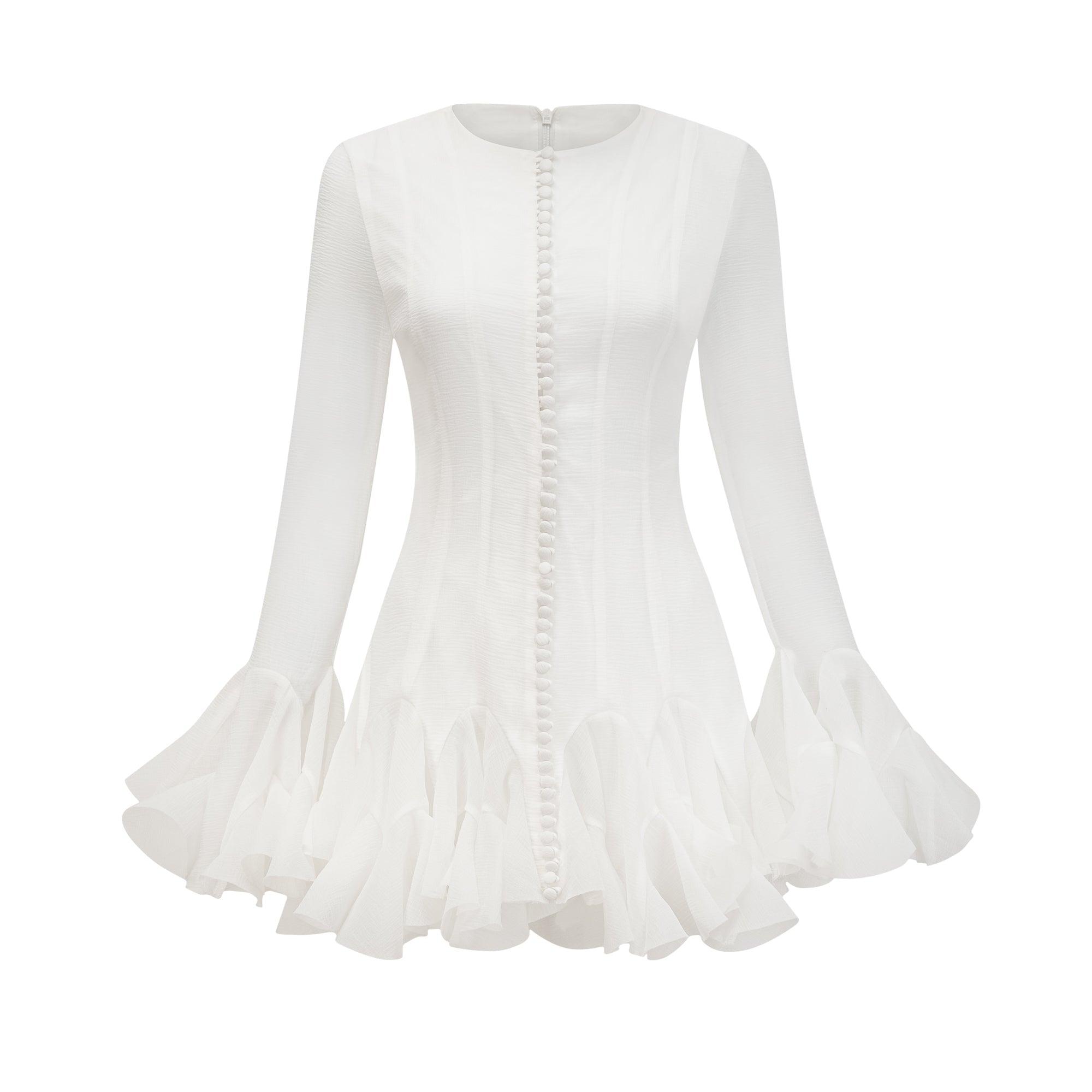 Olyssa Aurora Fırfır Detaylı Beyaz Mini Elbise