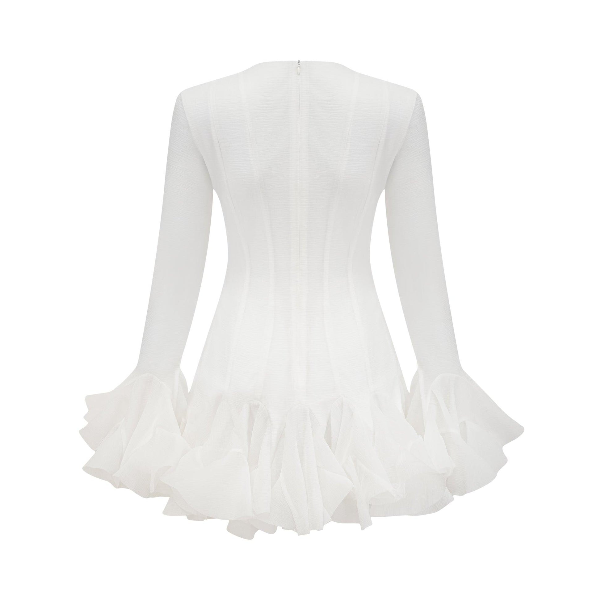 Olyssa Aurora Fırfır Detaylı Beyaz Mini Elbise