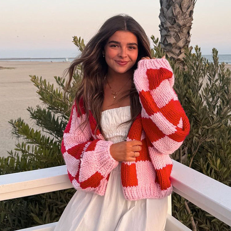 Envi Pink And Red Checkered Knit Cardigan