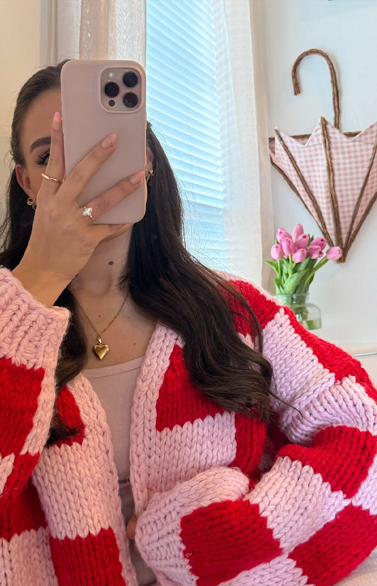 Envi Pink And Red Checkered Knit Cardigan