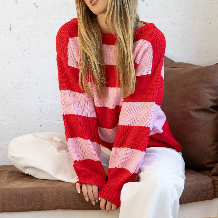 Finley Red and Pink Stripe Off Shoulder Knit Sweater