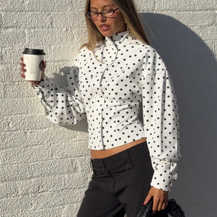 Beyaz Puantiyeli Dik Yaka Ceket