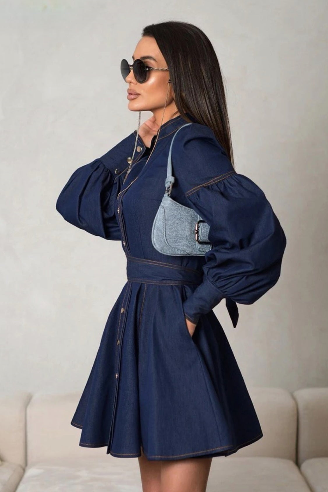 Olyssa Lena Puf Kollu Kot Mini Elbise