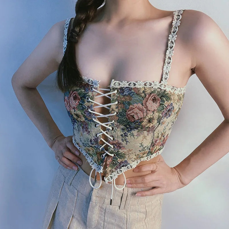 Çiçek Desenli Bağlamalı Korse