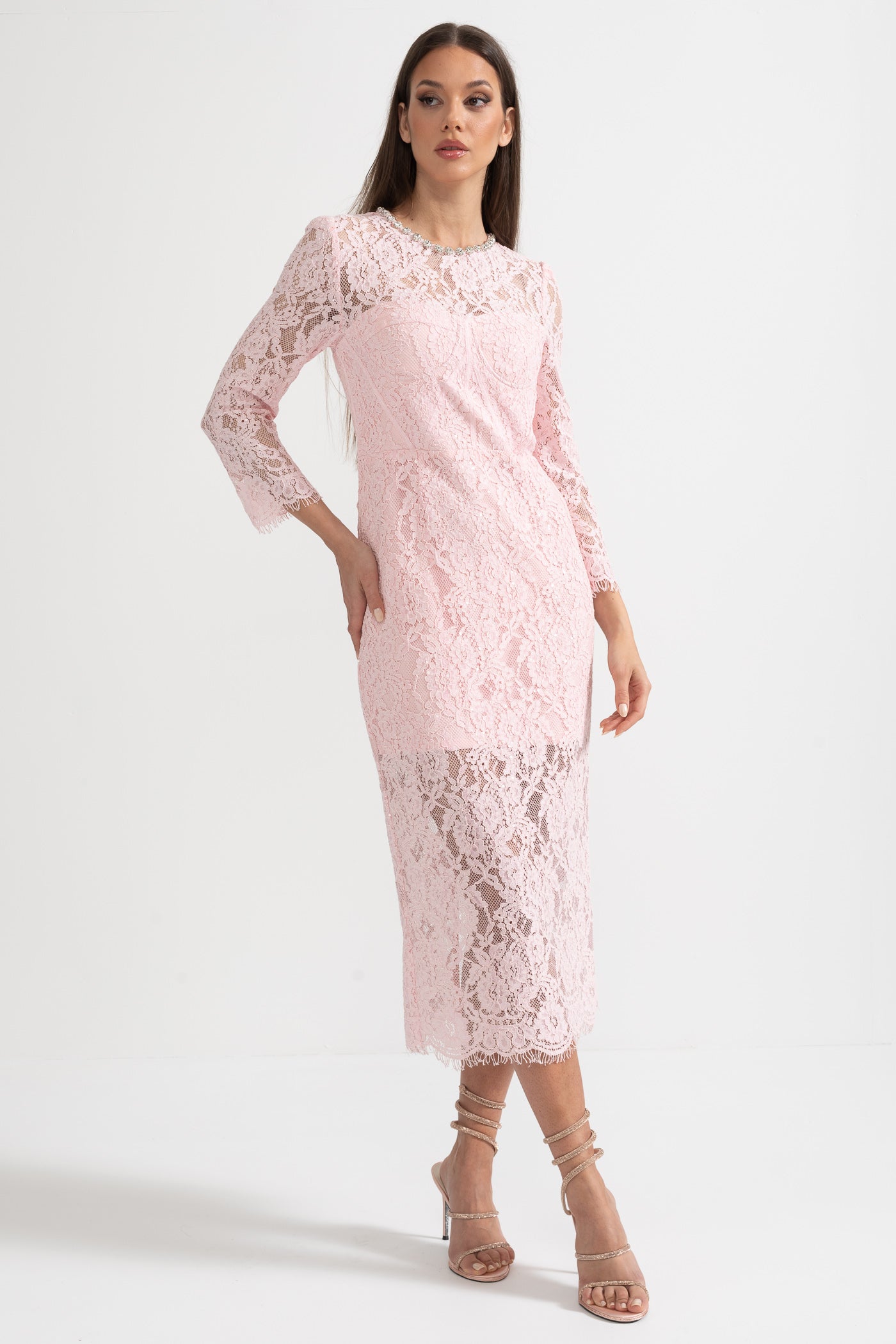 Olyssa Eşleşen Bel Kemerli Zarif Uzun Kollu Dantel Elbise