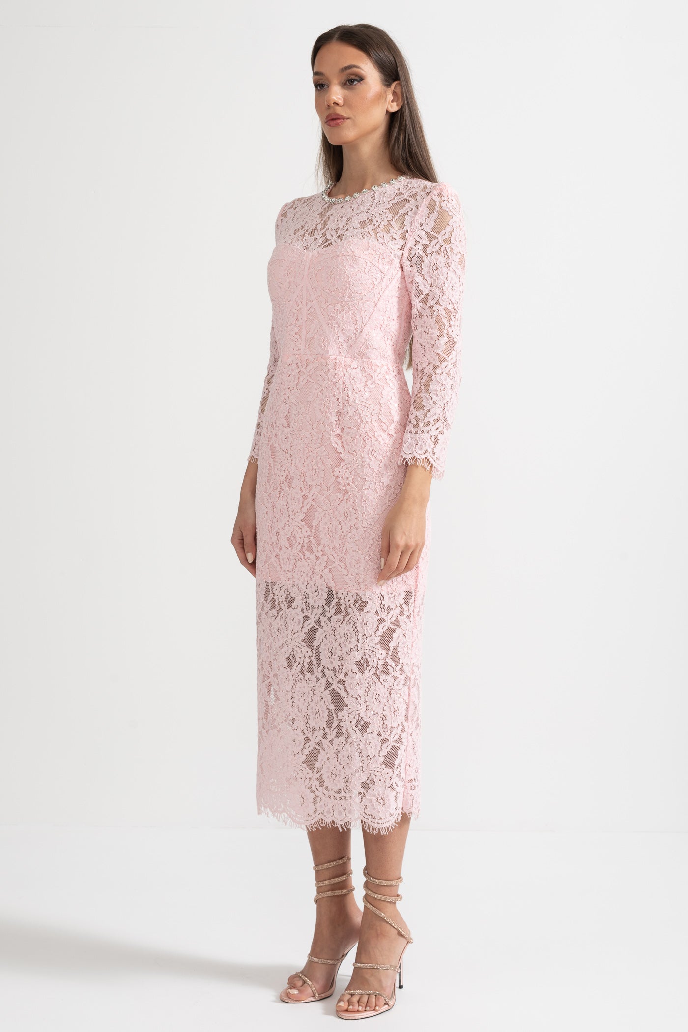 Olyssa Eşleşen Bel Kemerli Zarif Uzun Kollu Dantel Elbise