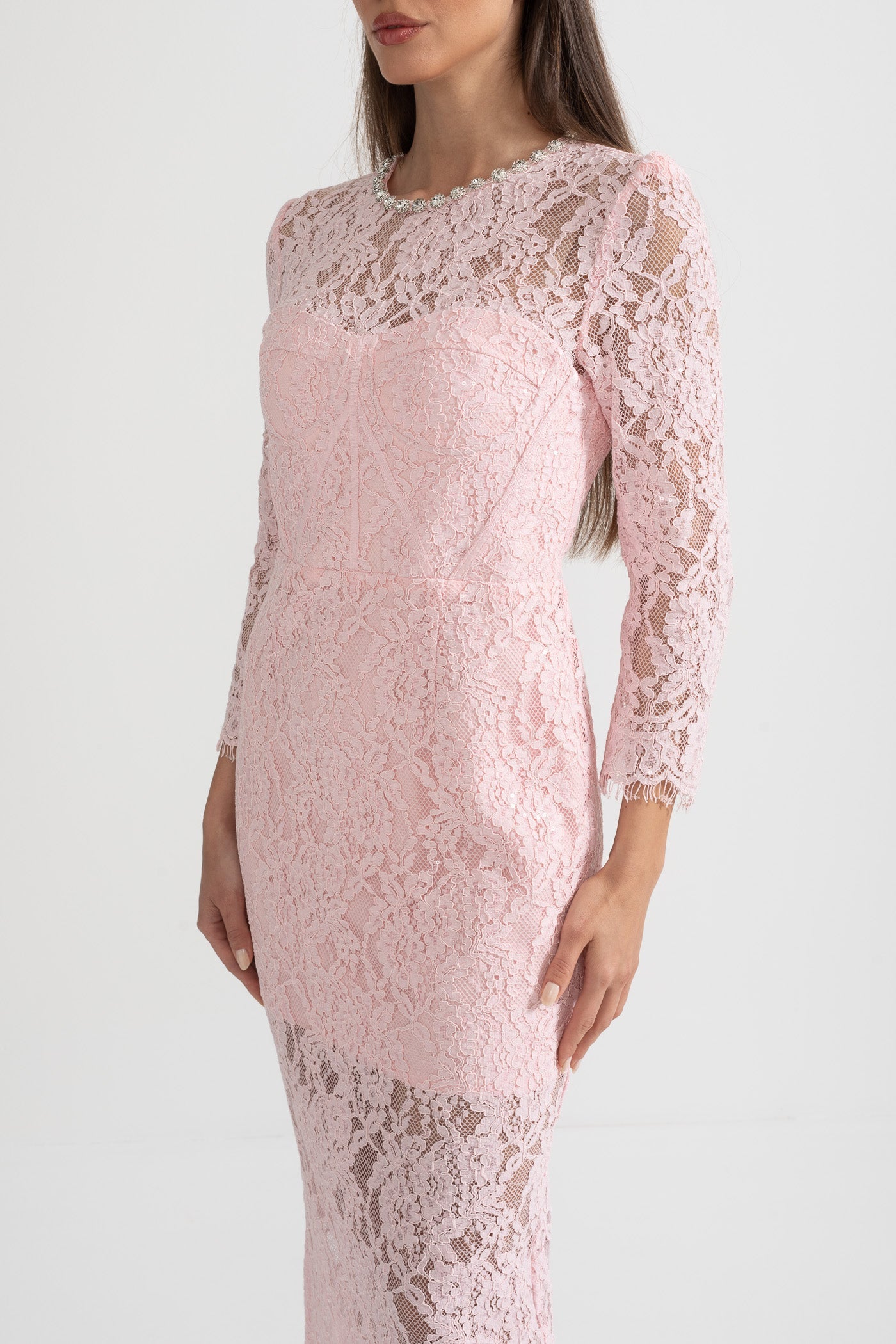Olyssa Eşleşen Bel Kemerli Zarif Uzun Kollu Dantel Elbise